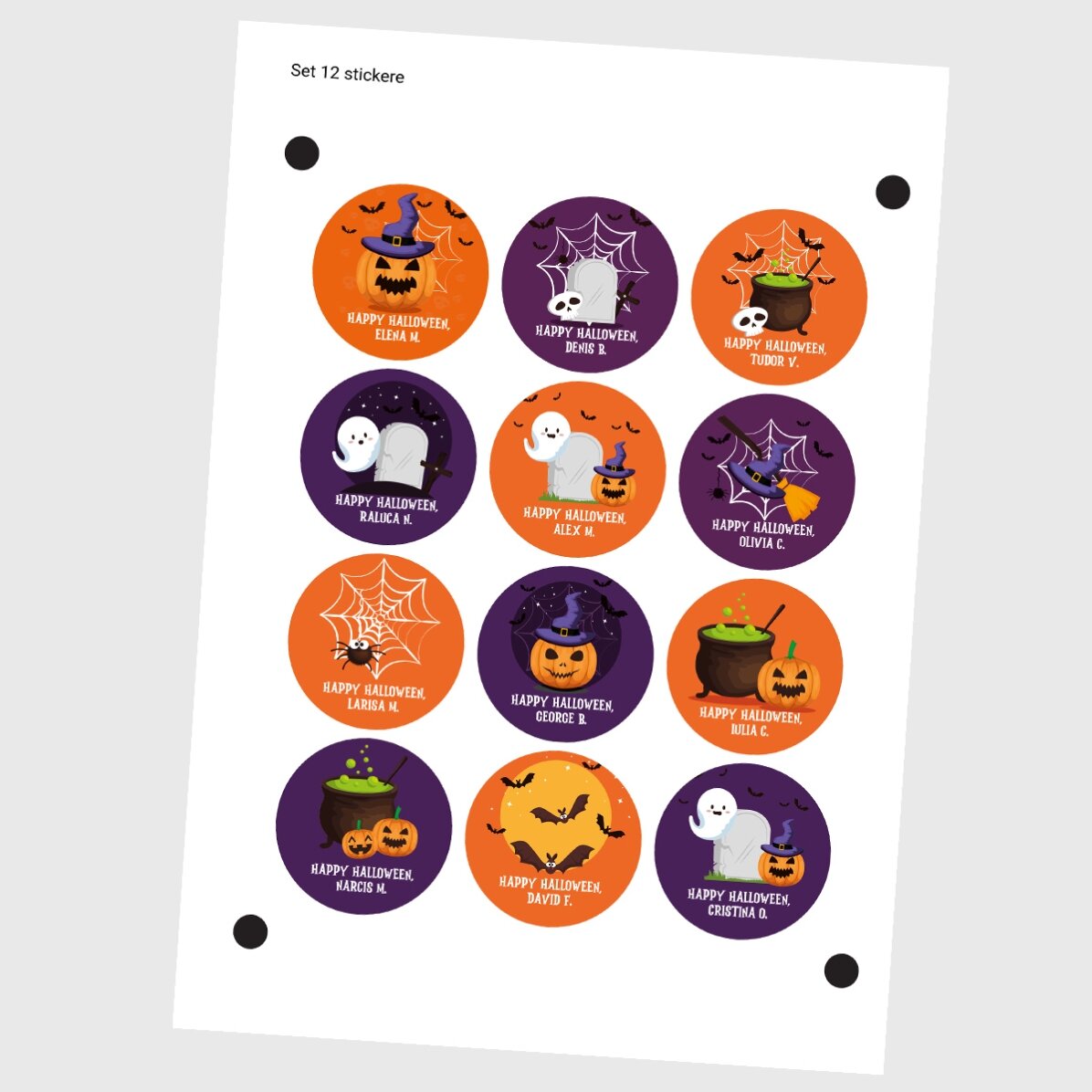 Set de 12 stickere (etichetă autoadezivă) rotunde personalizate cu text - Halloween