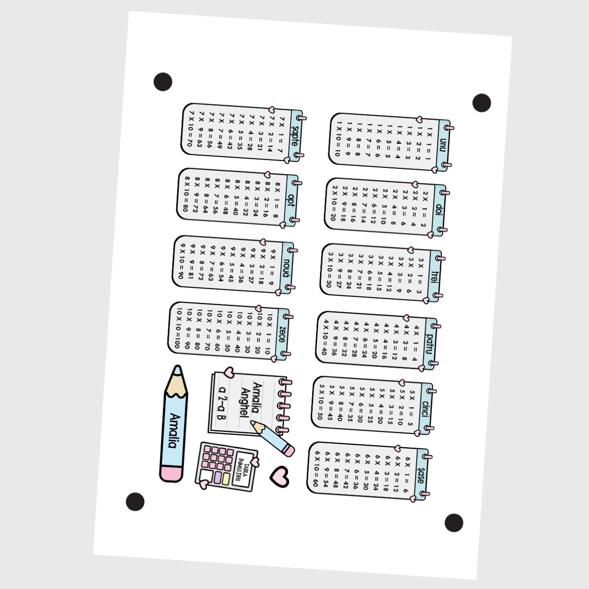 Set de 14 stickere (etichetă autoadezivă) personalizate cu text - Tabla înmulțirii cu inimioare
