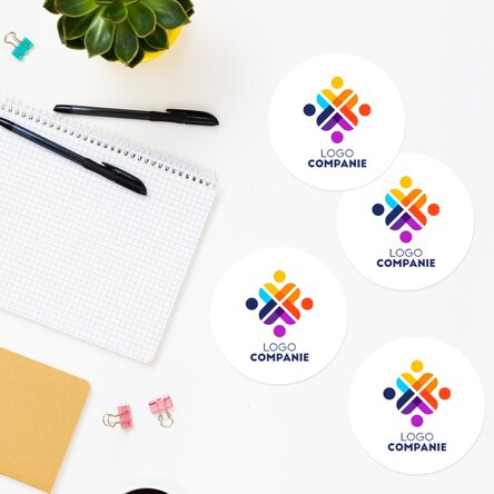 Set de 4 stickere (etichetă autoadezivă) rotunde, diametru 8,5cm personalizate cu logo