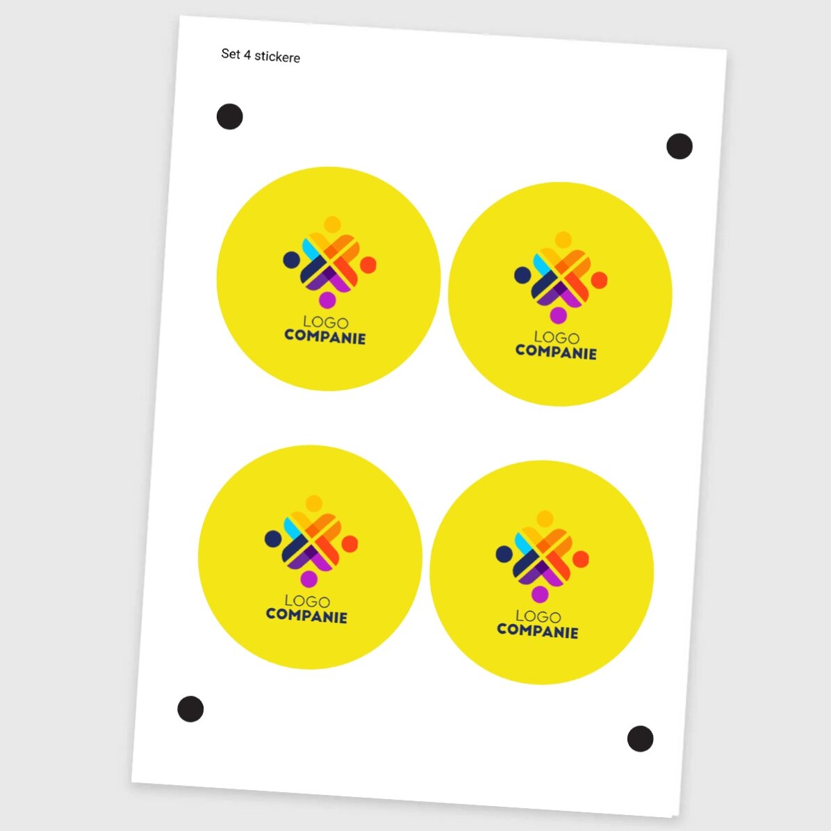 Set de 4 stickere (etichetă autoadezivă) rotunde, diametru 8,5cm personalizate cu logo