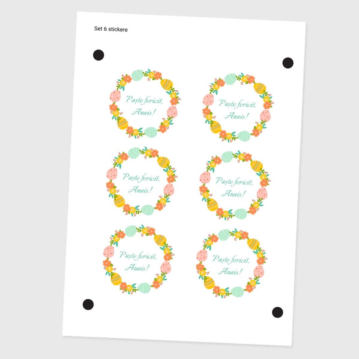 Set de 6 stickere (etichetă autoadezivă) rotunde personalizate cu text - Paște fericit!