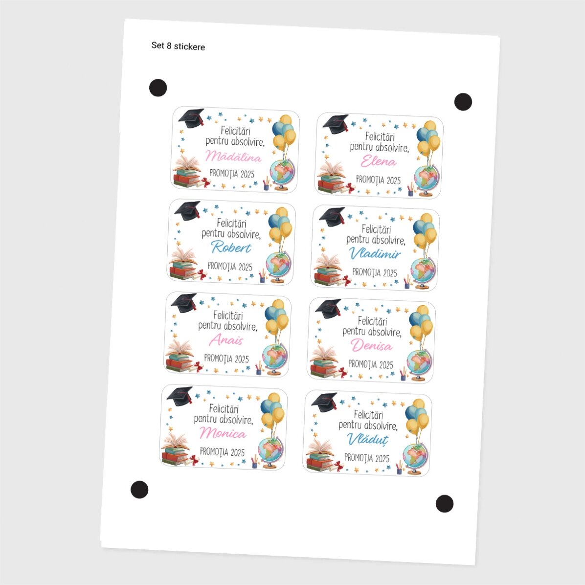 Set de 8 stickere (etichetă autoadezivă) personalizate cu mesaj - Absolvire