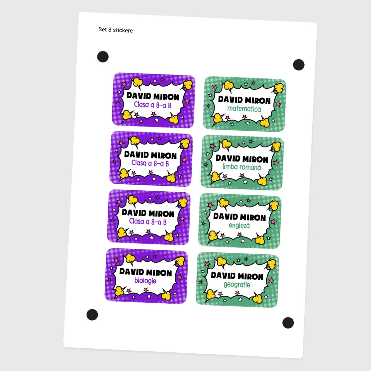 Set de 8 stickere (etichetă autoadezivă) personalizate pentru școală - Comics