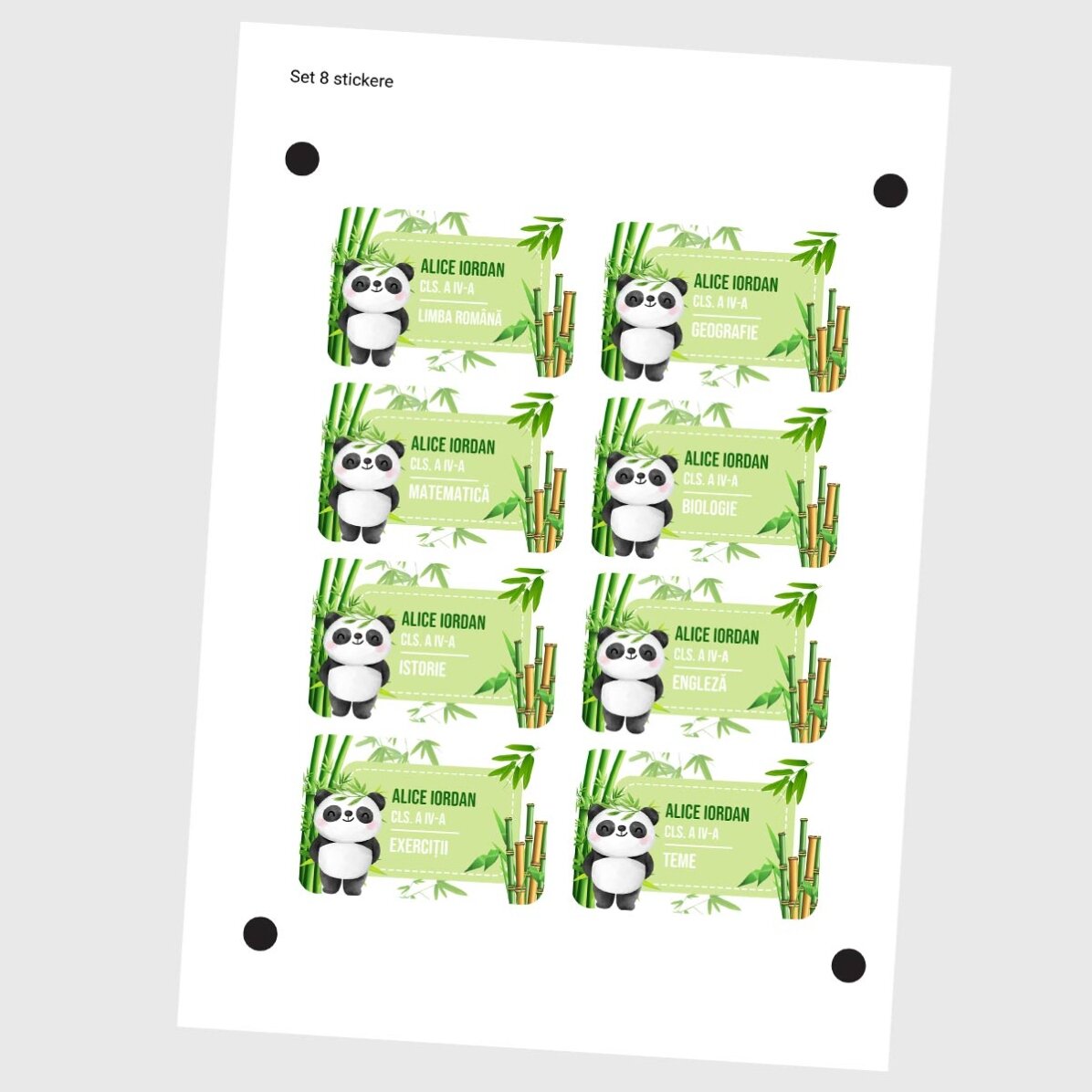 Set de 8 stickere (etichetă autoadezivă) personalizate pentru școală - Cute Panda