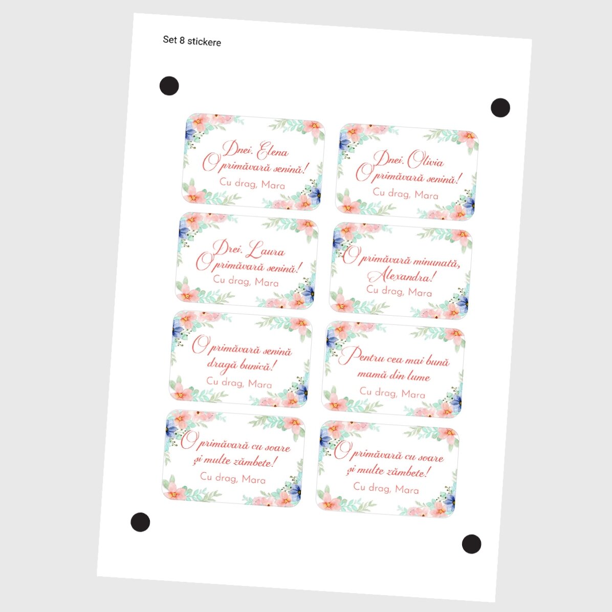 Set de 8 stickere (etichetă autoadezivă) personalizate cu mesaje - Floral