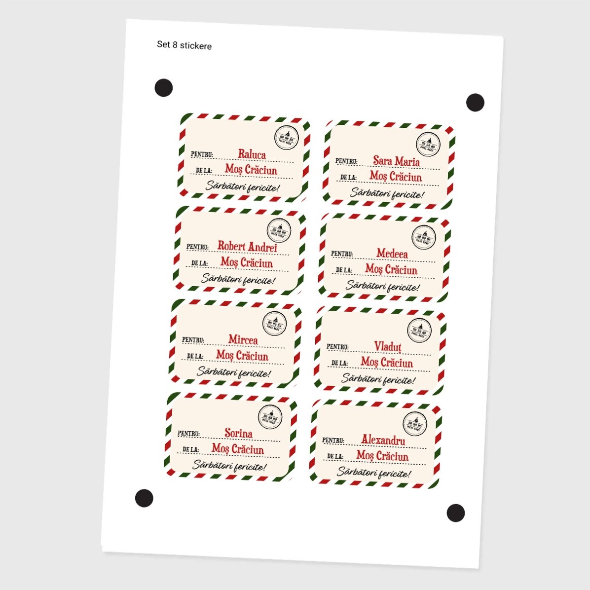 Set de 8 stickere (etichetă autoadezivă) personalizate cu text - Cu drag, Moș Crăciun