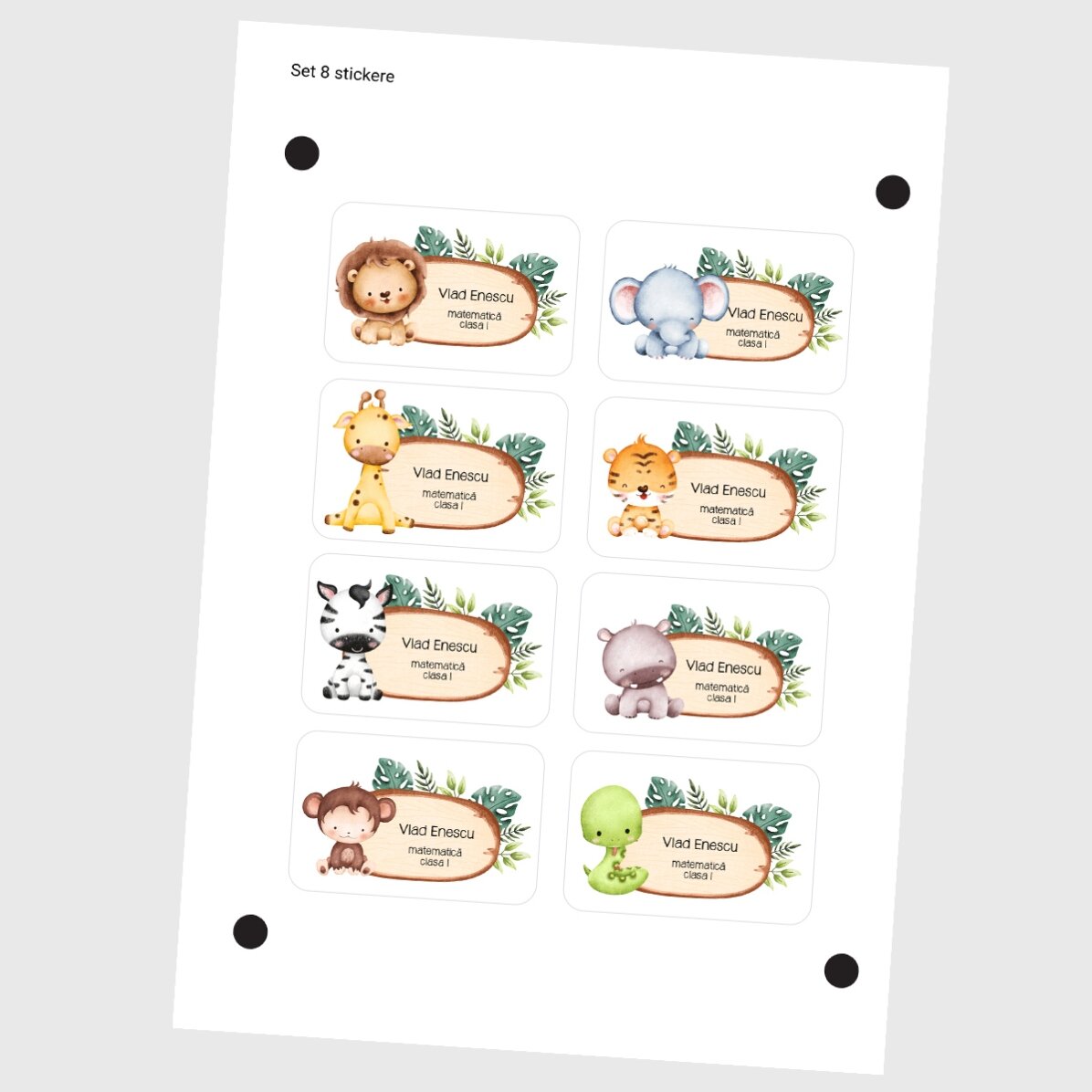 Set de 8 stickere (etichetă autoadezivă) personalizate pentru școală cu text - Animăluțe