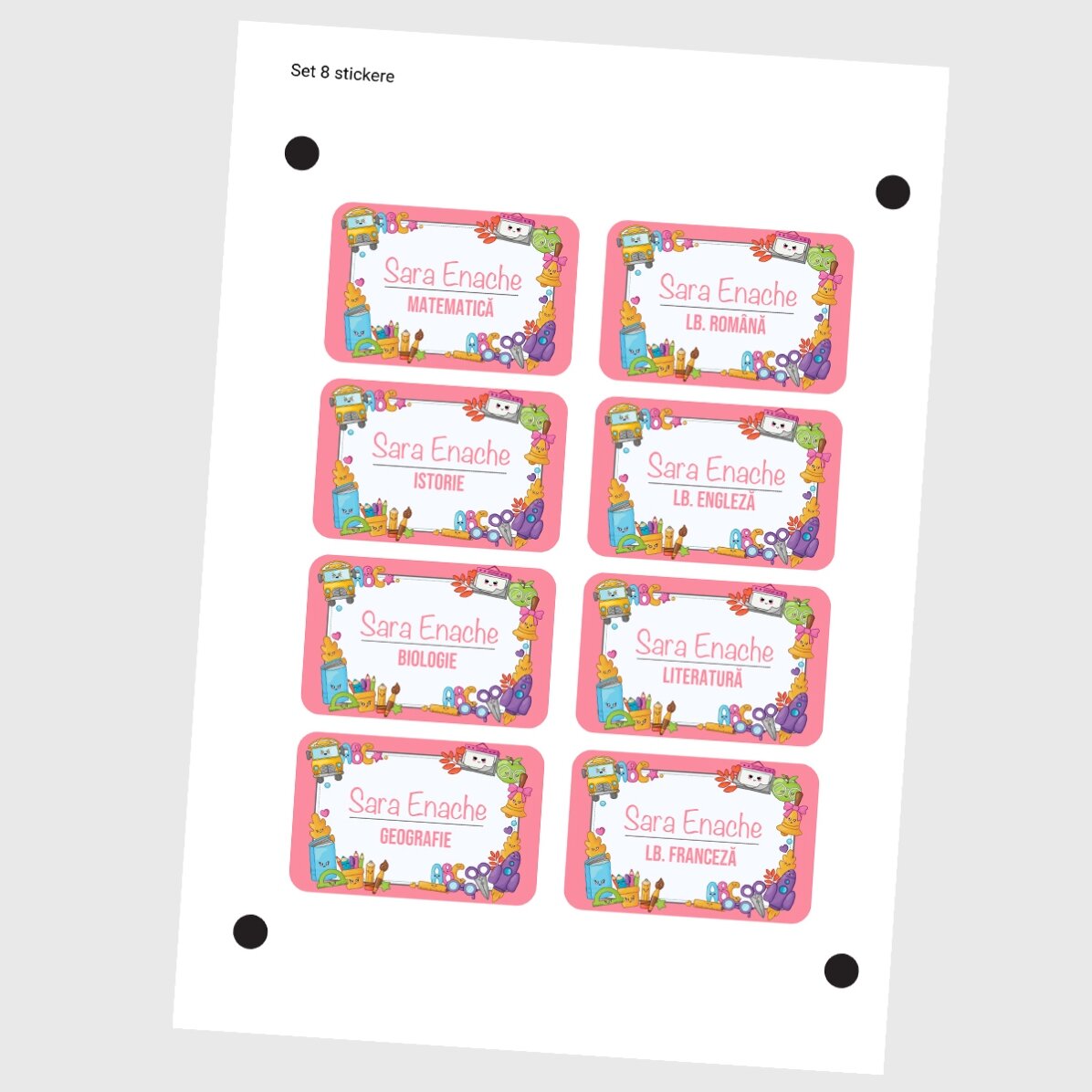 Set de 8 stickere (etichetă autoadezivă) personalizate pentru școală cu text - Back to school