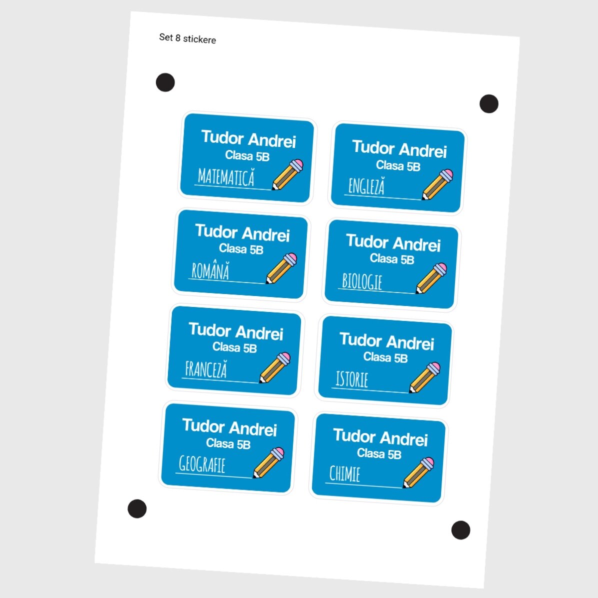 Set de 8 stickere (etichetă autoadezivă) personalizate pentru școală cu text - fundal colorat