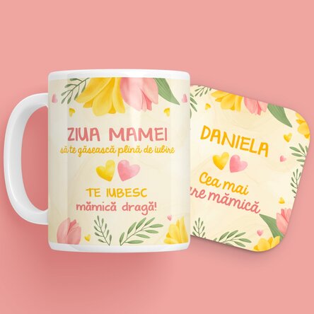 Set personalizat - cana și suport pentru pahar - Watercolor tulips