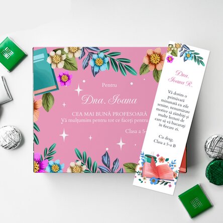 Set personalizat - cutie de bomboane și semn de carte - pentru profesoare