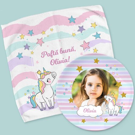 Set personalizat - farfurie și prosopel - Unicorn