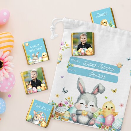 Set personalizat - săculeț și 5 mini ciocolățele - De la iepuraș