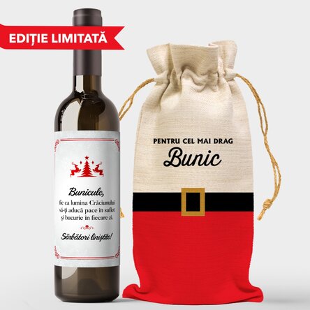 Set cadou sticlă și săculeț de vin pentru bunic