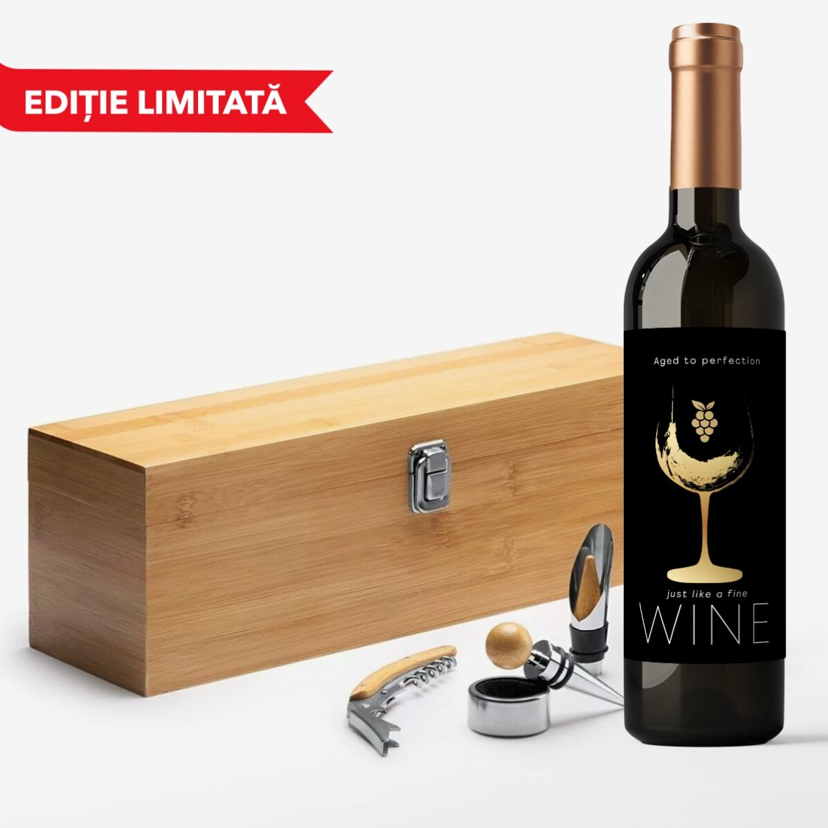 Set cadou sticlă de vin și cutie din bambus cu accesorii