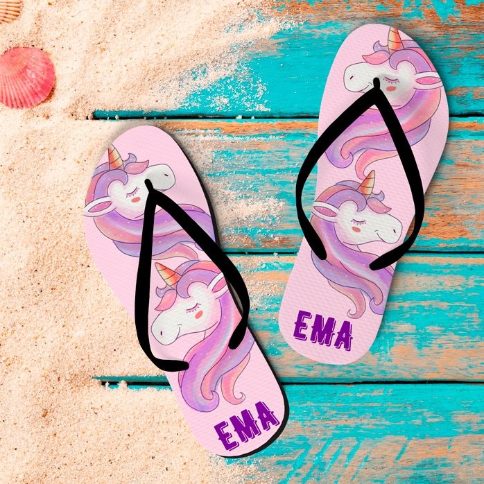 Șlapi personalizați pentru copii cu unicorn și text