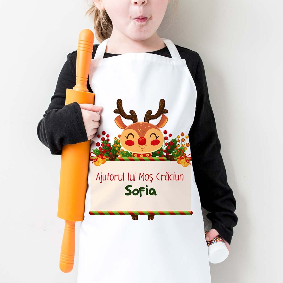 Șorț pentru copii personalizat cu text - Ajutorul lui Moș Crăciun