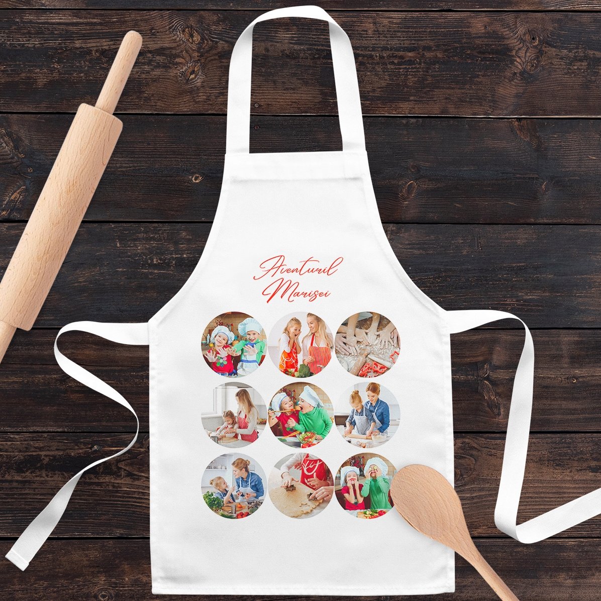 Șorț personalizat pentru copii cu 9 poze și text - Aventuri în bucătărie