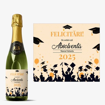 Sticlă medie de vin spumant personalizat cu text - Bucurie de absolvire
