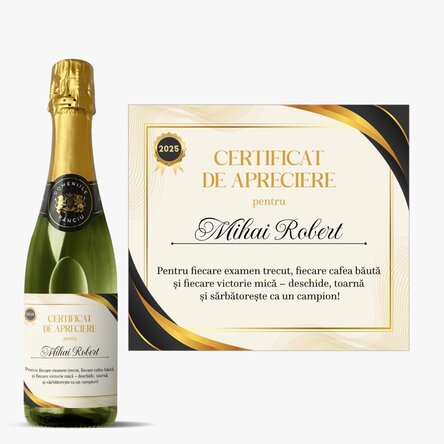 Sticlă medie de vin spumant personalizat cu text - Certificat de apreciere