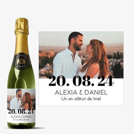 Sticlă medie de vin spumant personalizată cu o poză și text - Aniversare
