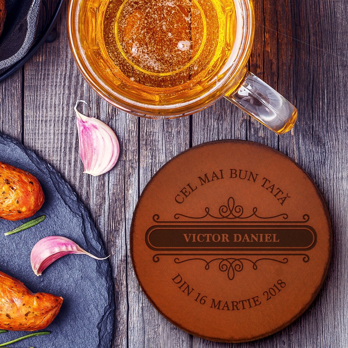 Suport pahar din piele personalizat cu text