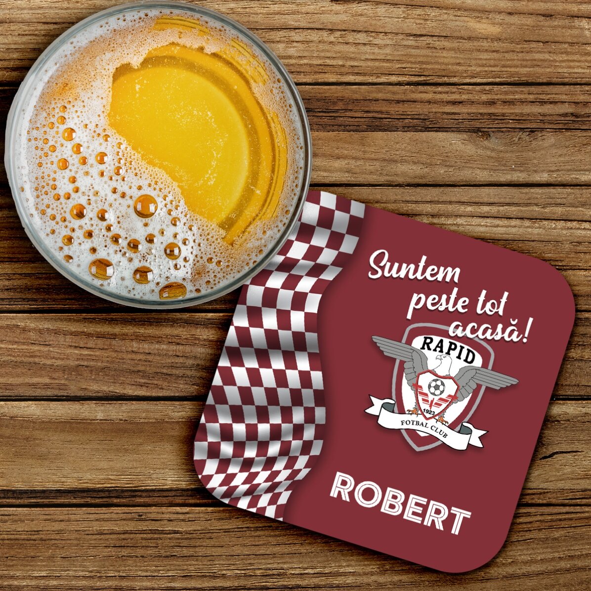 Suport pentru pahar FC Rapid personalizat cu text - Peste tot acasă