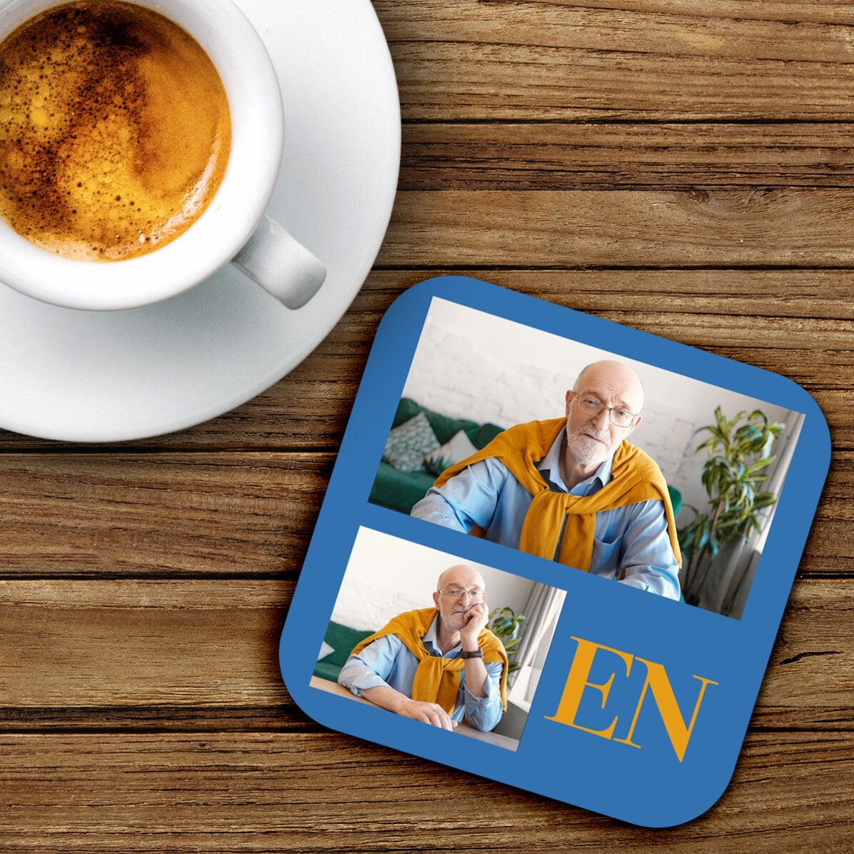 Suport pentru pahar personalizat cu 2 poze și text - Inițiale