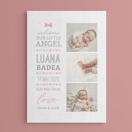 Tablou canvas personalizat cu text și 3 poze - Hello, baby (Fată)