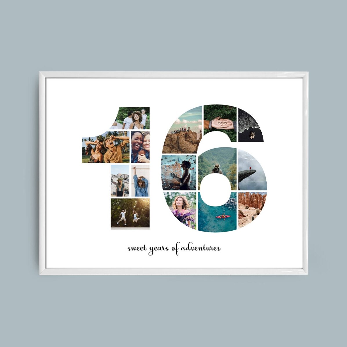 Személyre szabott tájkép vászon 15 fotóval, modellszám 16 és szöveges üzenettel