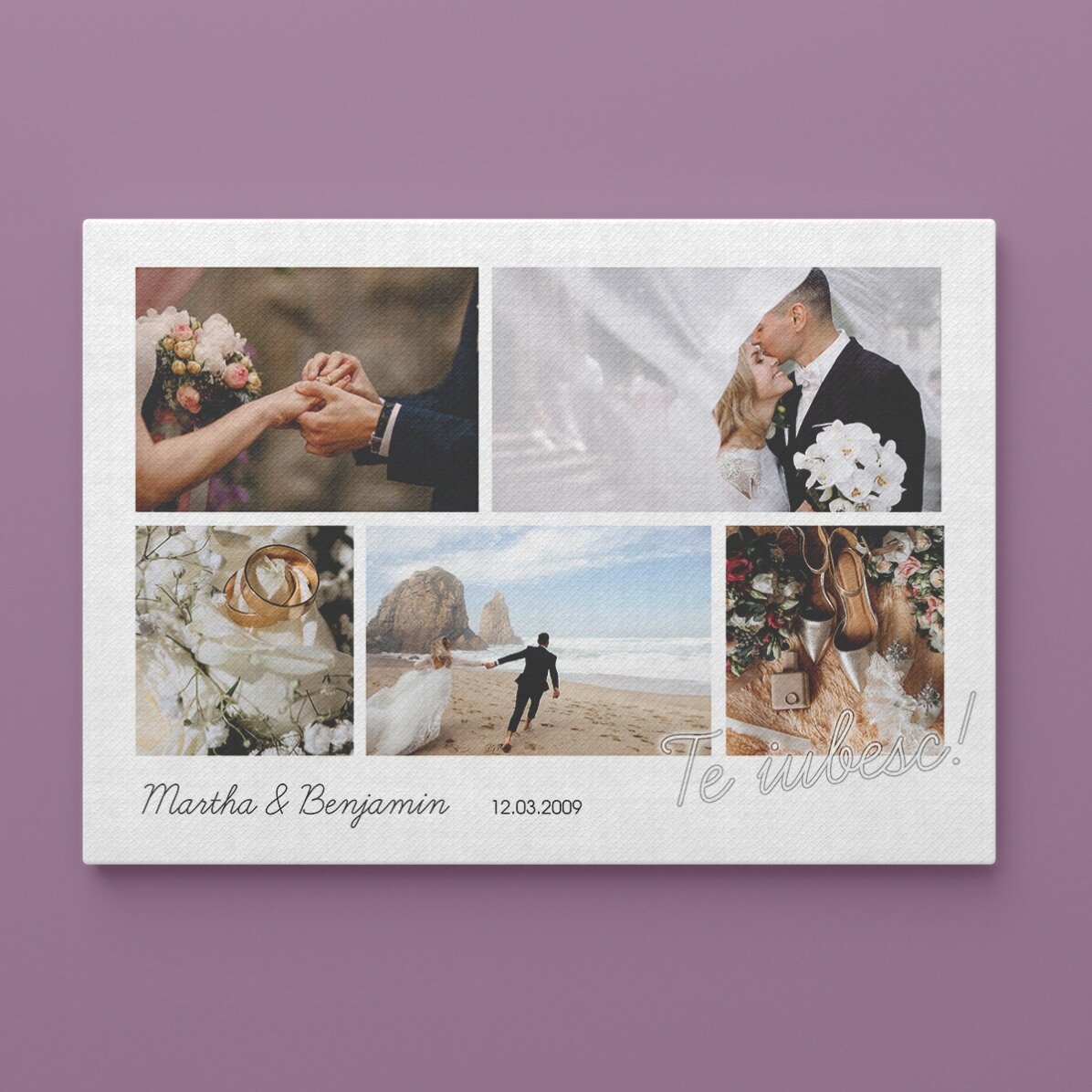 Tablou landscape personalizat cu 5 poze și text - Te iubesc!