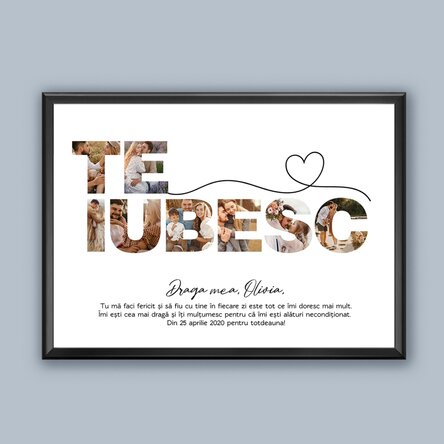 Tablou landscape personalizat cu 8 poze și text - Te iubesc