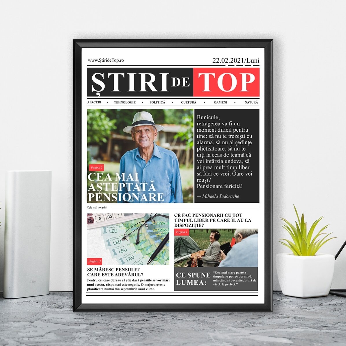 Tablou personalizat cu o poză și text - Pensionarea, știrea zilei