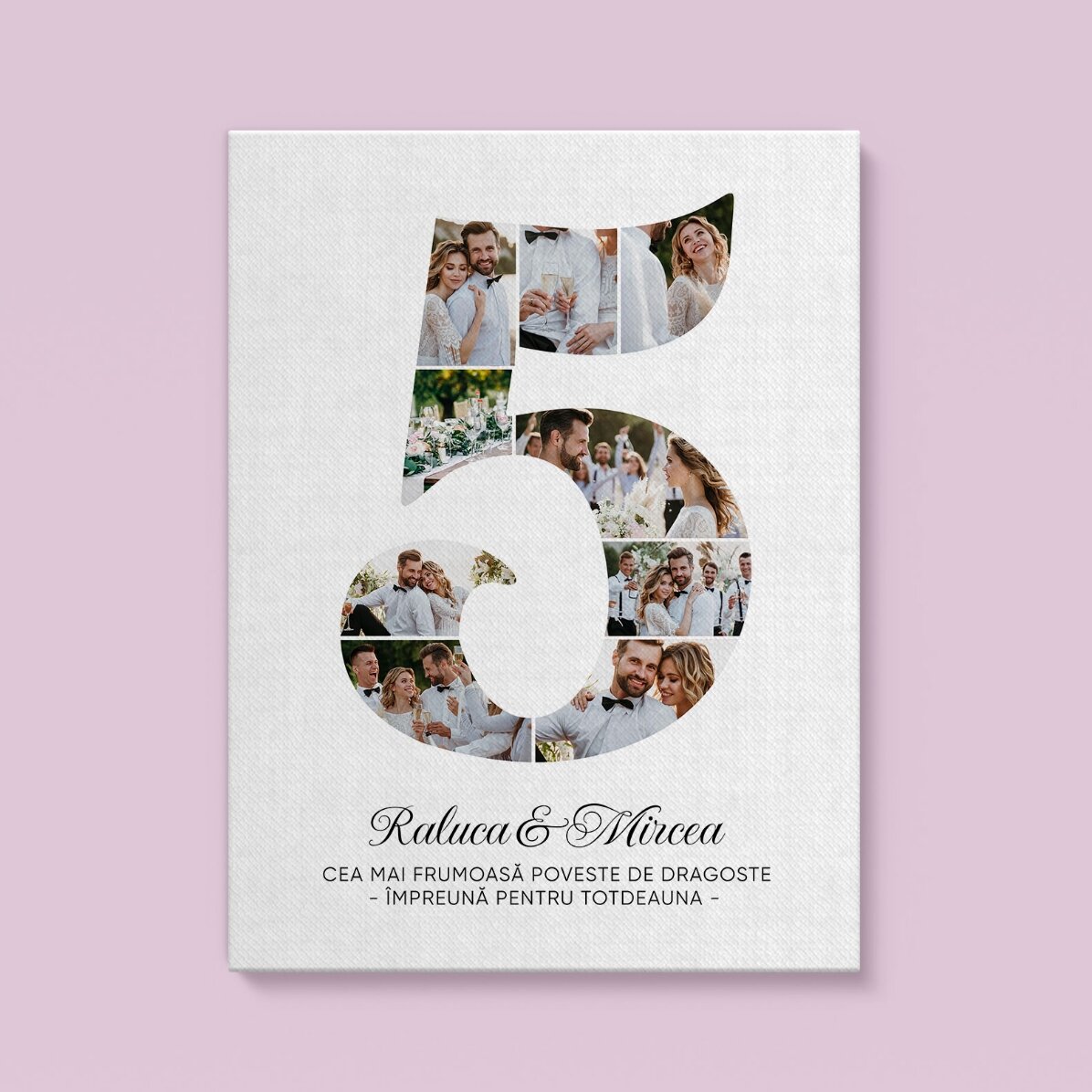 Tablou personalizat cu cifra 5, fotografii și mesaj - Aniversare relație