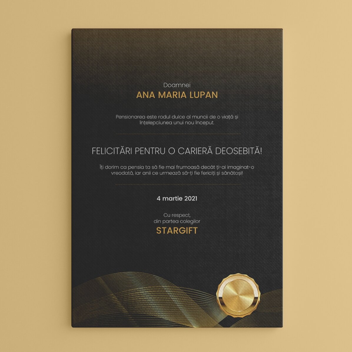 Tablou personalizat cu text - Mesaj pentru pensionare