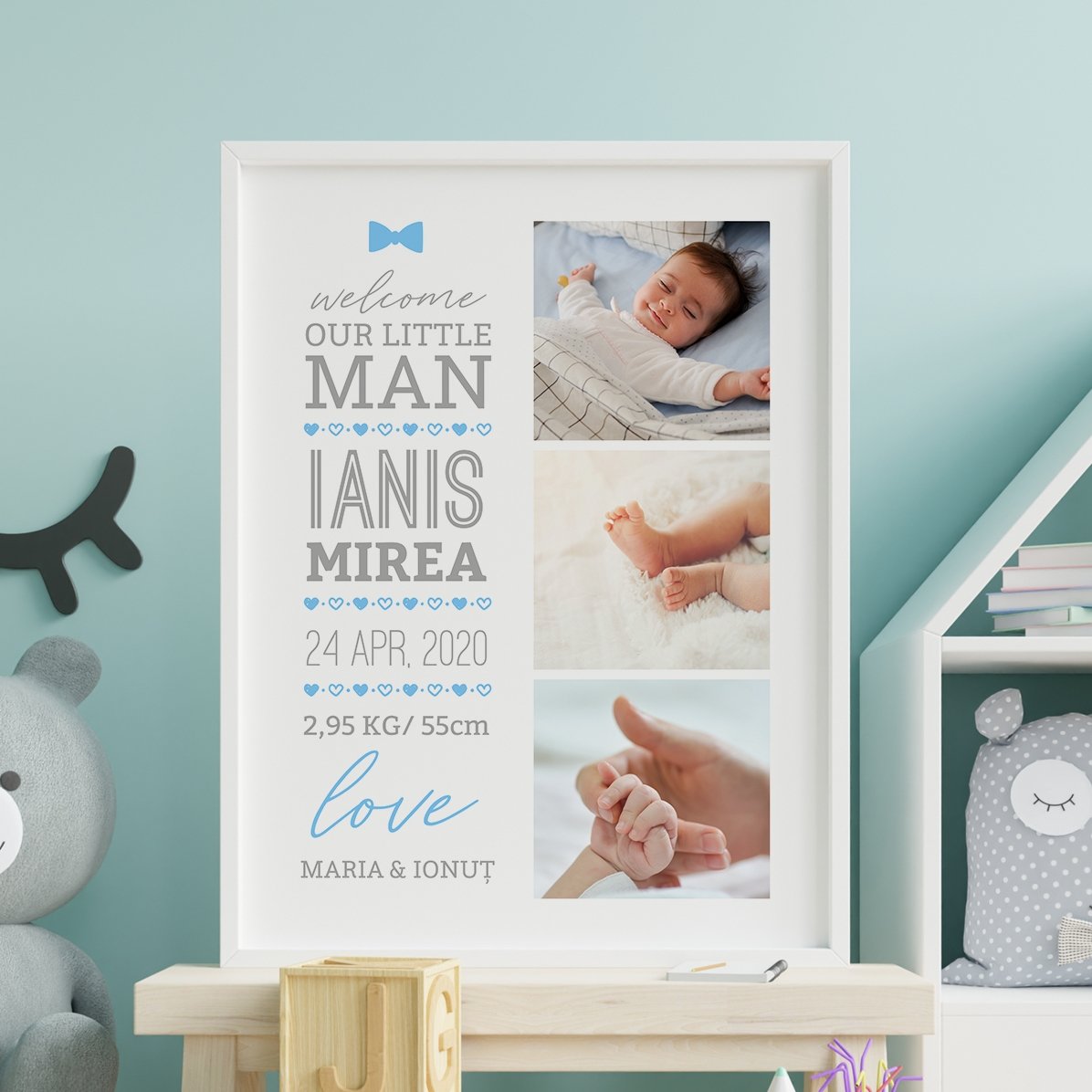 Tablou personalizat cu text și 3 poze - Hello, baby (Băiat)