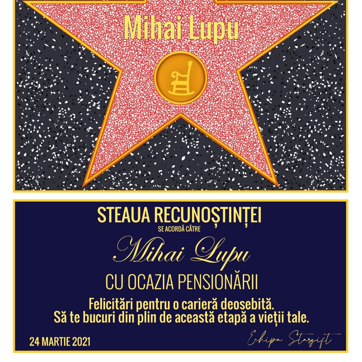 Tablou personalizat cu text - Steaua recunoștinței pentru pensionare