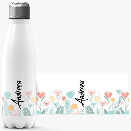 Termos cu bază albă personalizat cu nume - Flori