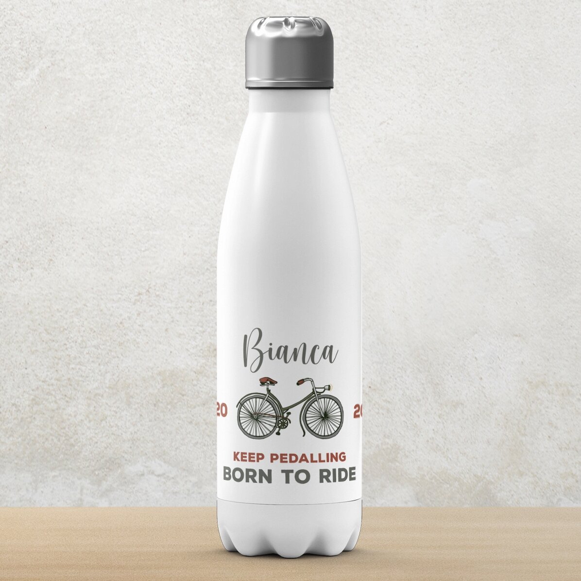 Termos cu bază albă personalizat cu nume și text - Bicicletă