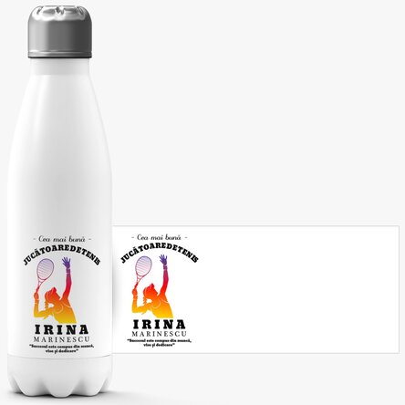 Termos cu bază albă personalizat cu nume și text - Jucătoare de tenis