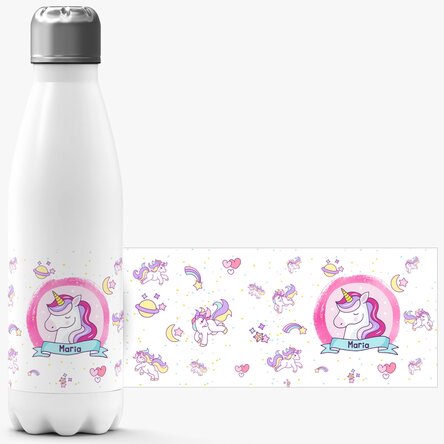 Termos cu bază albă personalizat cu nume - Unicorni