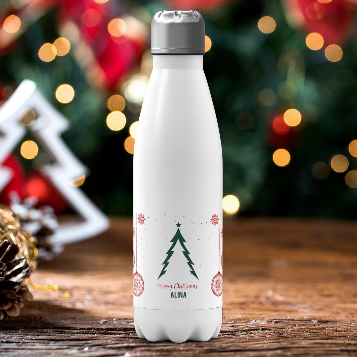Termos cu bază albă personalizat cu text -  Christmas tree