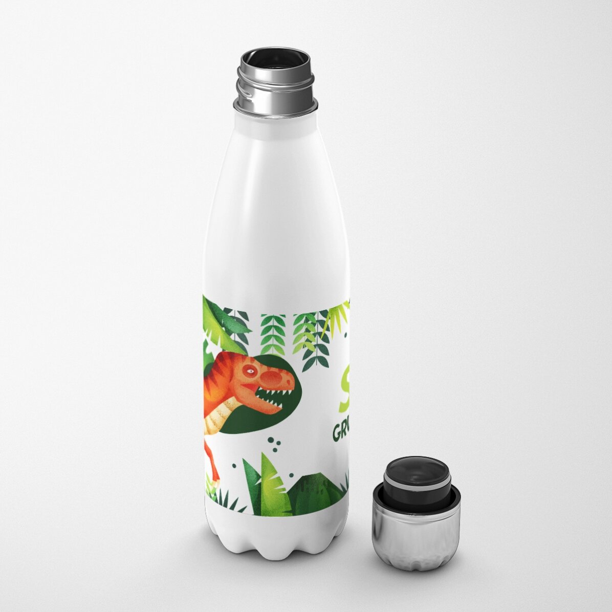 Termos cu bază albă personalizat cu text - Dinozaur T-Rex