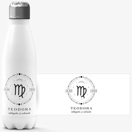 Termos cu bază albă personalizat cu text și zodia Fecioară