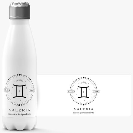 Termos cu bază albă personalizat cu text și zodia Gemeni