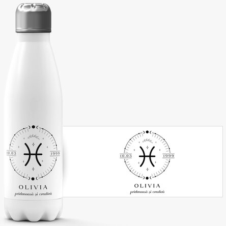 Termos cu bază albă personalizat cu text și zodia Pești
