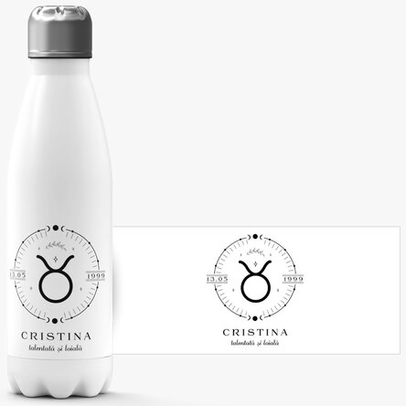 Termos cu bază albă personalizat cu text și zodia Taur