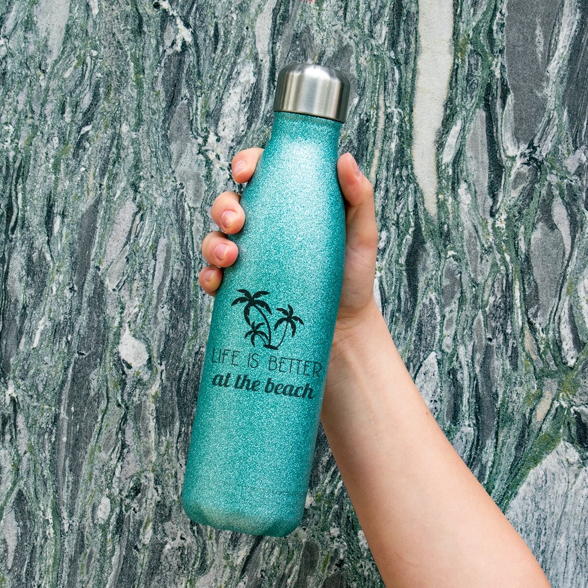 Termos cu glitter personalizat cu text - Life is better at the beach