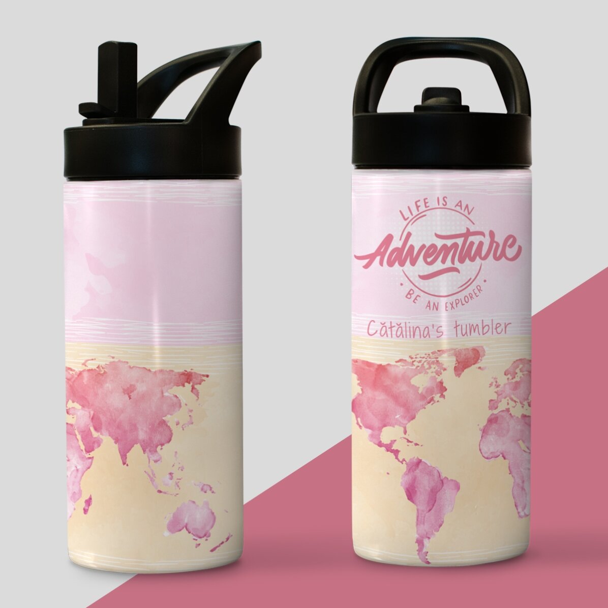 Termos cu mâner și pai personalizat cu nume - Be an explorer