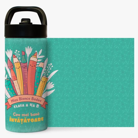 Termos cu mâner și pai personalizat cu nume - Cea mai bună învățătoare